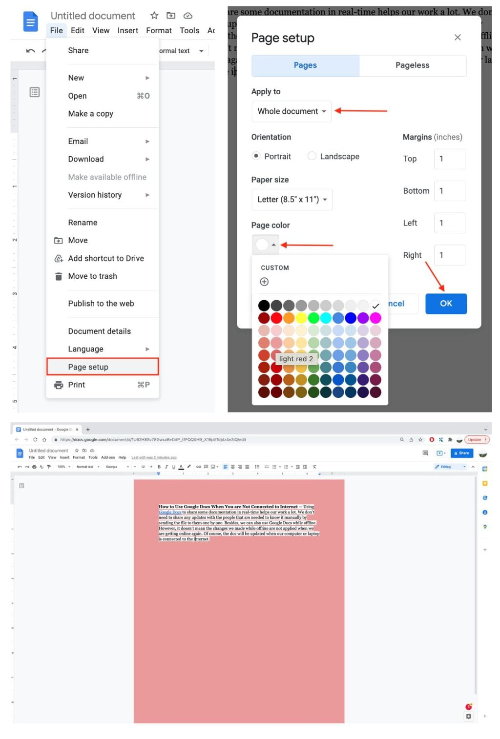 How to Change a Document Background Color in Google Doc on Web Browser