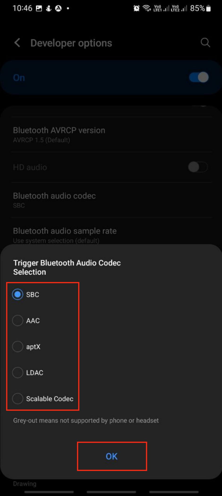 Scroll down a bit far and find the Bluetooth audio codec.