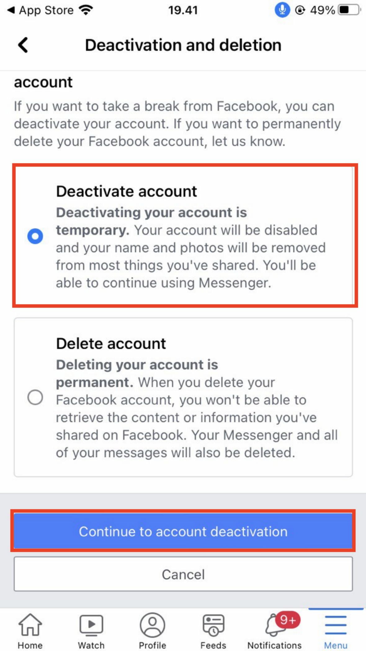 How to Deactivate Facebook Account using iPhone